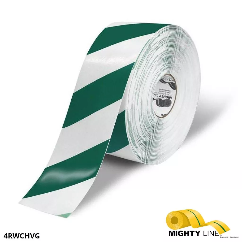 Mighty Line 4 in White Tape with Green Chevrons - 100 ft Roll