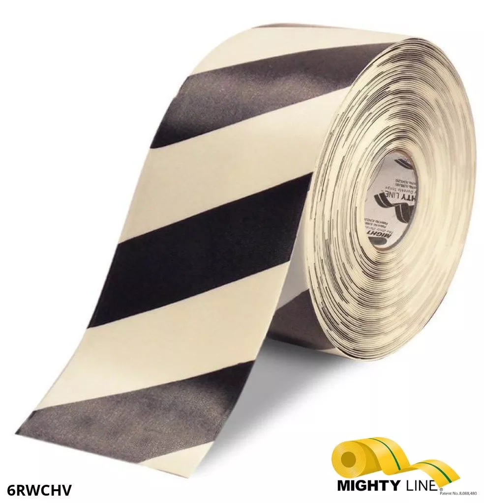Mighty Line 6 in White Tape with Black Chevrons - 100 ft Roll